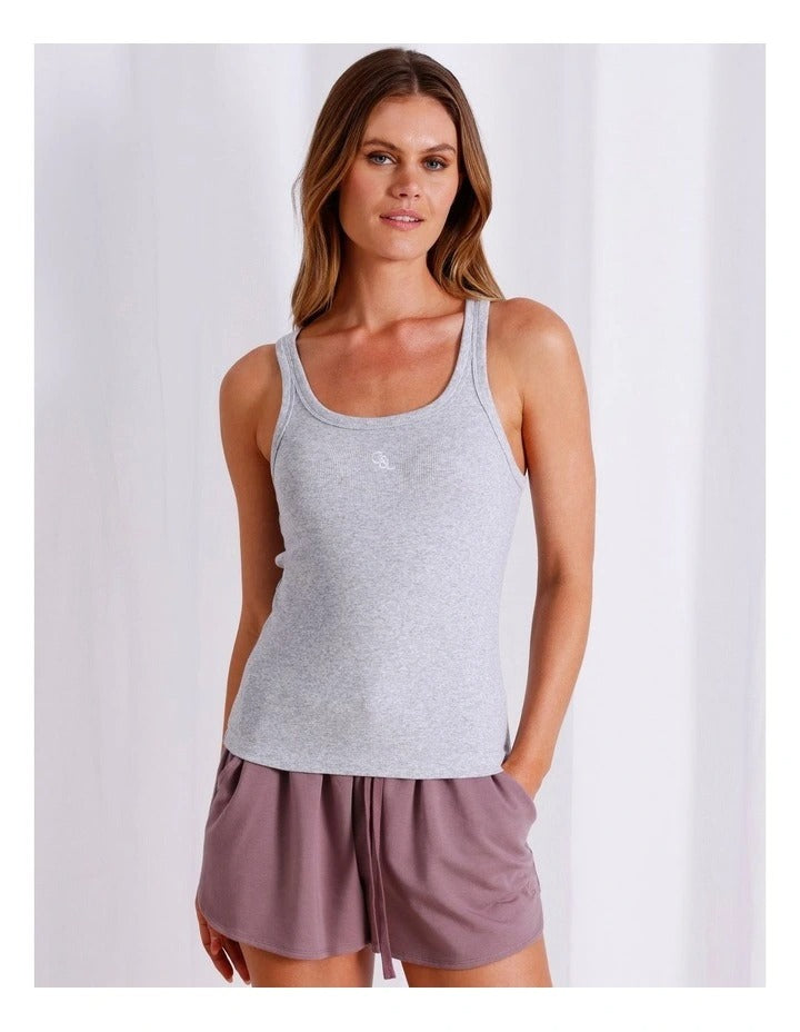 Chloe & Lola grey marle ribbed cotton loungewear tank top for women, scoop neck, sleeveless, fitted design