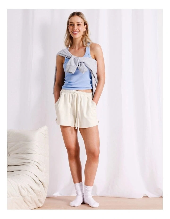 Chloe & Lola ecru French terry loungewear shorts for women, elasticated waist, relaxed fit, soft cotton blend fabric