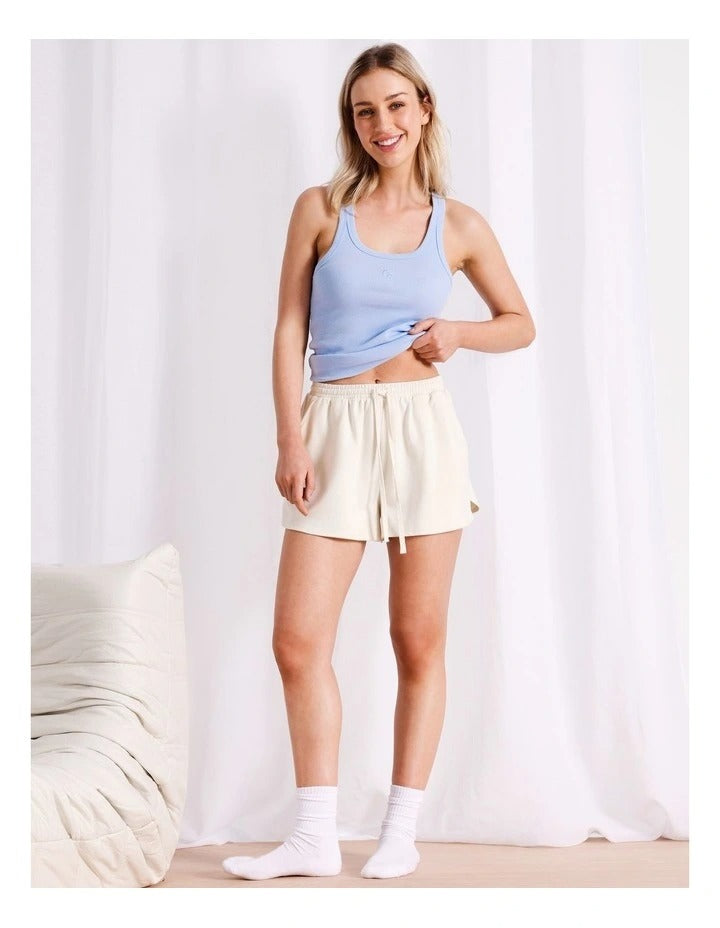 Chloe & Lola ecru French terry loungewear shorts for women, elasticated waist, relaxed fit, soft cotton blend fabric