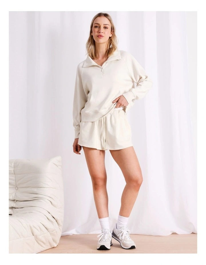 Chloe & Lola ecru French terry loungewear shorts for women, elasticated waist, relaxed fit, soft cotton blend fabric