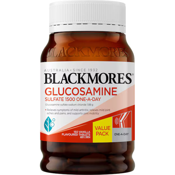 Blackmores Glucosamine Sulfate 1500mg Joint Health Vitamin Tablets 150 pack bottle on white background promoting joint mobility and cartilage support.