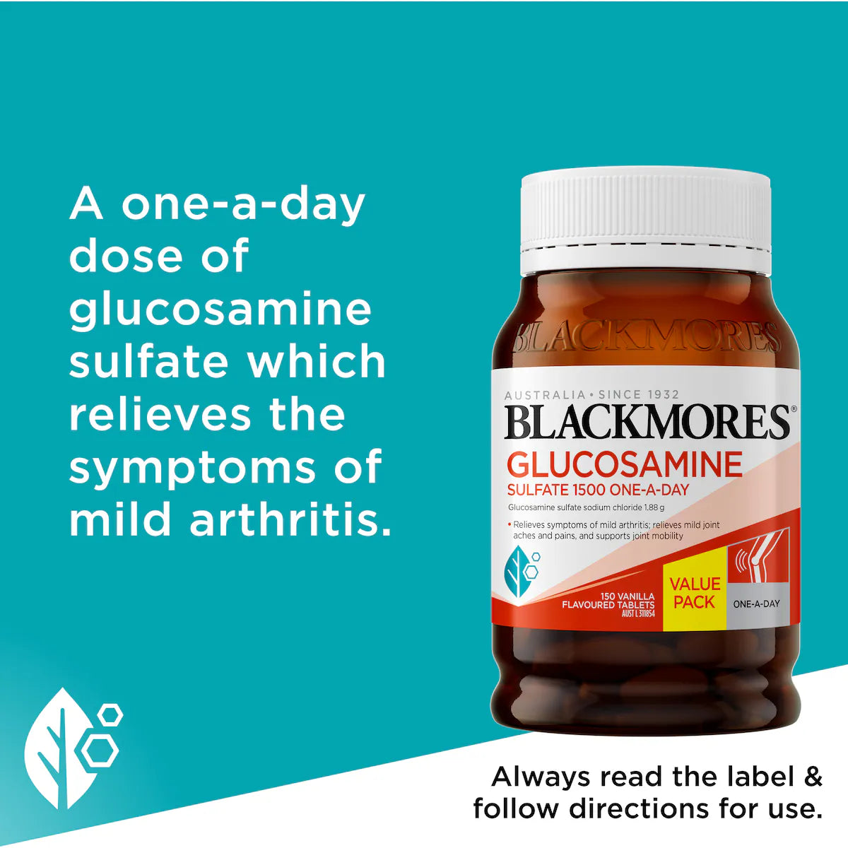 Blackmores Glucosamine Sulfate 1500mg Joint Health Vitamin Tablets 150 pack bottle on white background promoting joint mobility and cartilage support.