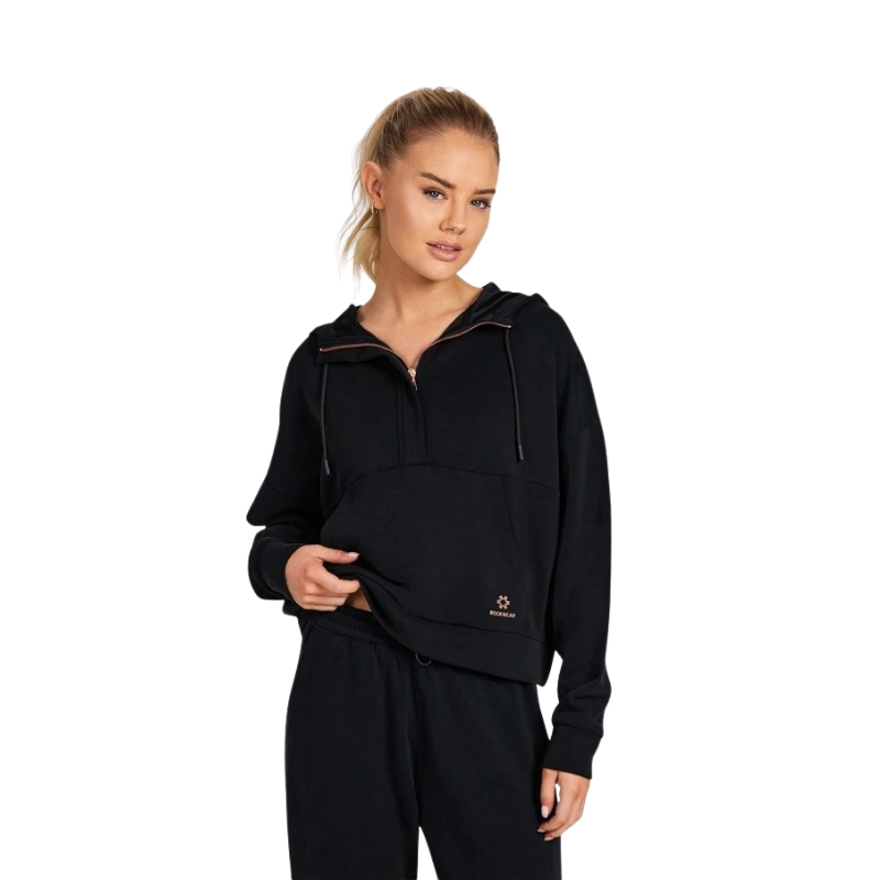 Rockwear Travel Half Zip Hoodie in Black, women's relaxed fit hoodie with side pockets and ultra-smooth fabric, perfect for travel and everyday wear.
