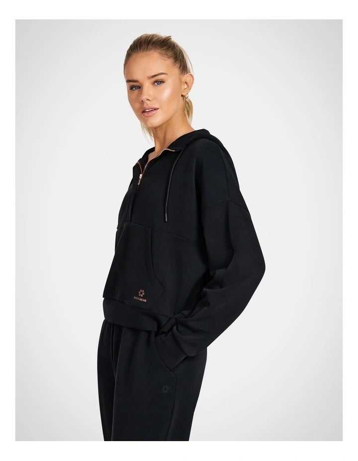 Rockwear Travel Half Zip Hoodie in Black, women's relaxed fit hoodie with side pockets and ultra-smooth fabric, perfect for travel and everyday wear.
