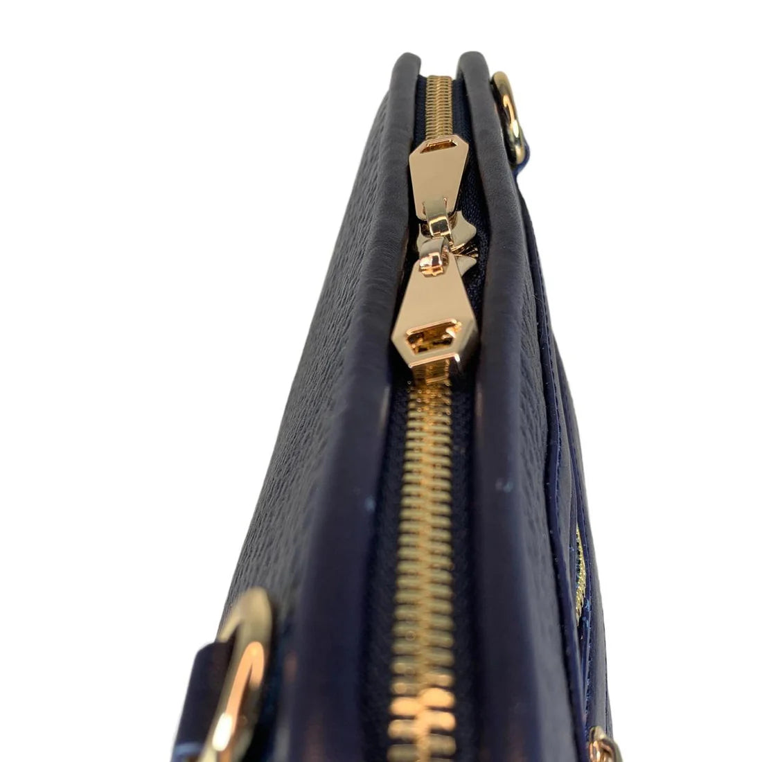 LeatherLuxe dark blue genuine leather clutch and shoulder crossbody bag with sleek design and gold-tone hardware