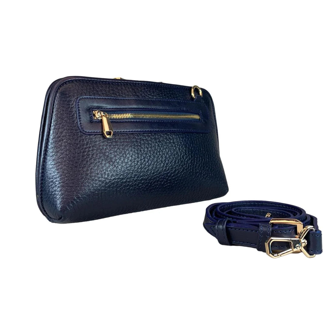 LeatherLuxe dark blue genuine leather clutch and shoulder crossbody bag with sleek design and gold-tone hardware