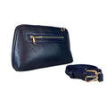 LeatherLuxe dark blue genuine leather clutch and shoulder crossbody bag with sleek design and gold-tone hardware