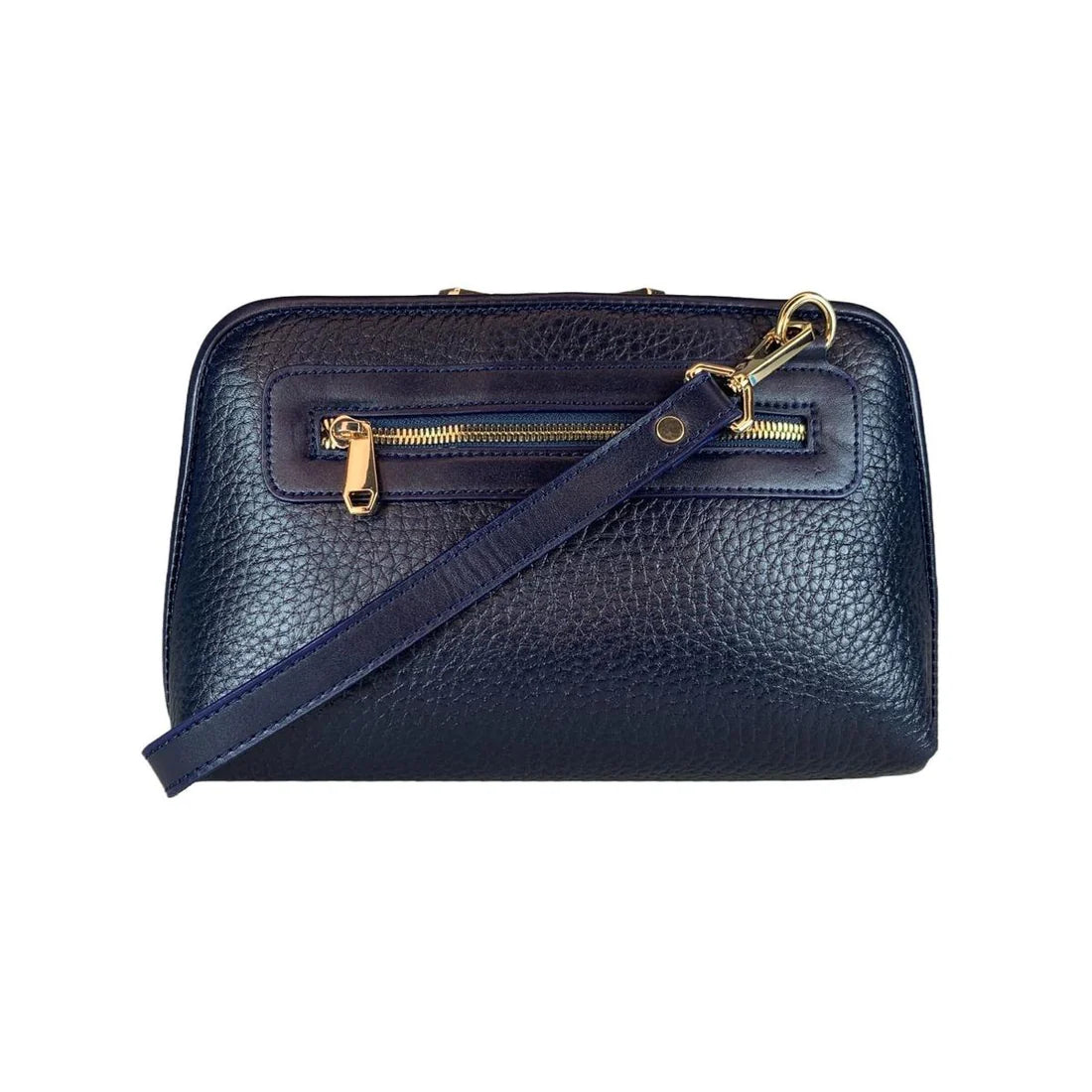 LeatherLuxe dark blue genuine leather clutch and shoulder crossbody bag with sleek design and gold-tone hardware