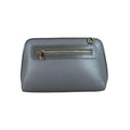 Elegant gray leather clutch bag by LeatherLuxe, featuring a minimalist design with detachable crossbody strap, premium stitching, and gold-tone hardware.