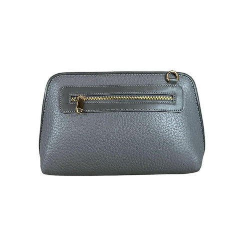 Elegant gray leather clutch bag by LeatherLuxe, featuring a minimalist design with detachable crossbody strap, premium stitching, and gold-tone hardware.