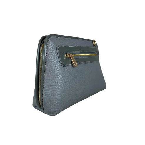 Elegant gray leather clutch bag by LeatherLuxe, featuring a minimalist design with detachable crossbody strap, premium stitching, and gold-tone hardware.