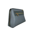 Elegant gray leather clutch bag by LeatherLuxe, featuring a minimalist design with detachable crossbody strap, premium stitching, and gold-tone hardware.