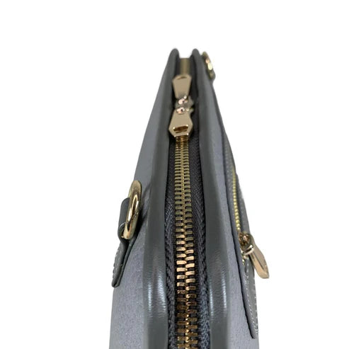 Elegant gray leather clutch bag by LeatherLuxe, featuring a minimalist design with detachable crossbody strap, premium stitching, and gold-tone hardware.