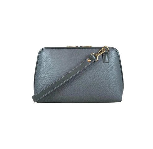 Elegant gray leather clutch bag by LeatherLuxe, featuring a minimalist design with detachable crossbody strap, premium stitching, and gold-tone hardware.