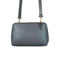 Elegant gray leather clutch bag by LeatherLuxe, featuring a minimalist design with detachable crossbody strap, premium stitching, and gold-tone hardware.