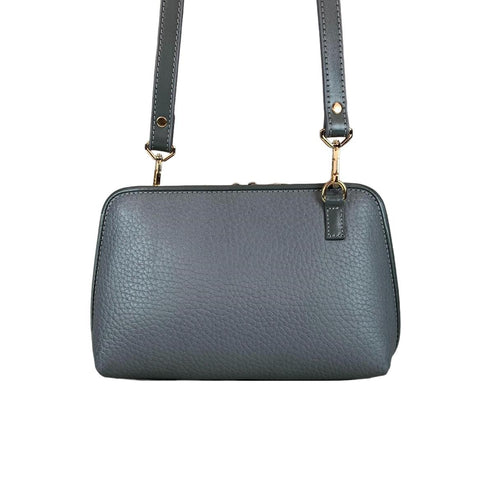 Elegant gray leather clutch bag by LeatherLuxe, featuring a minimalist design with detachable crossbody strap, premium stitching, and gold-tone hardware.