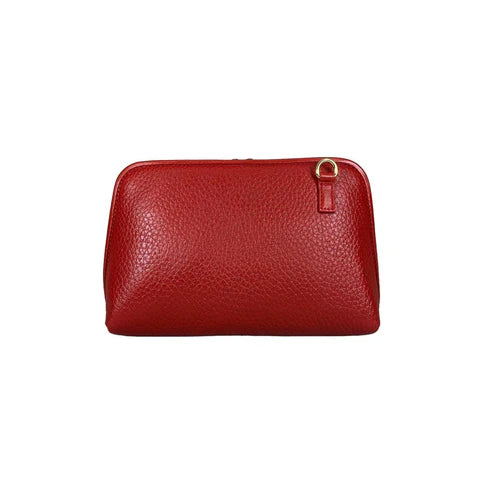 LeatherLuxe premium red leather clutch bag with gold hardware, designed for crossbody and shoulder wear, elegant women's accessory for evening and casual outings.