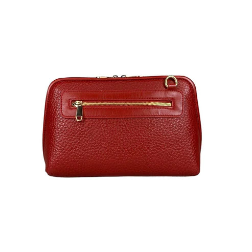 LeatherLuxe premium red leather clutch bag with gold hardware, designed for crossbody and shoulder wear, elegant women's accessory for evening and casual outings.