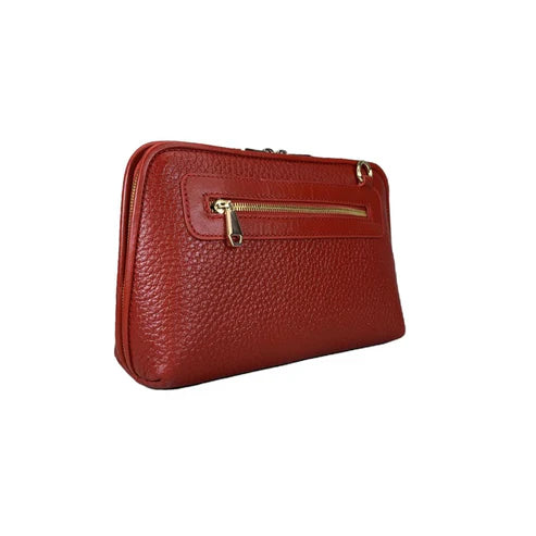 LeatherLuxe premium red leather clutch bag with gold hardware, designed for crossbody and shoulder wear, elegant women's accessory for evening and casual outings.
