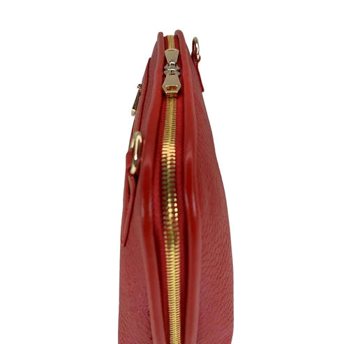 LeatherLuxe premium red leather clutch bag with gold hardware, designed for crossbody and shoulder wear, elegant women's accessory for evening and casual outings.