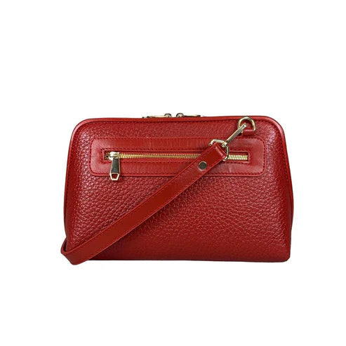 LeatherLuxe premium red leather clutch bag with gold hardware, designed for crossbody and shoulder wear, elegant women's accessory for evening and casual outings.