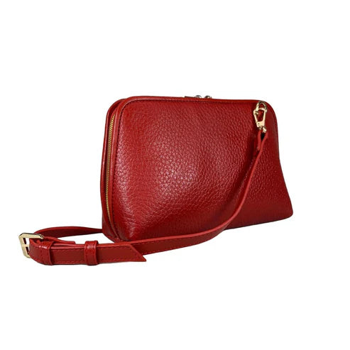 LeatherLuxe premium red leather clutch bag with gold hardware, designed for crossbody and shoulder wear, elegant women's accessory for evening and casual outings.