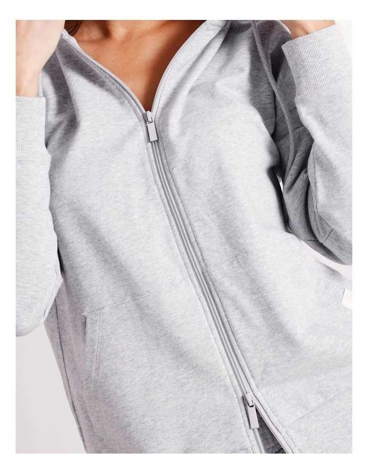 Chloe & Lola Loungewear Double Zip Hoodie in soft cotton-modal blend, featuring a hood, long sleeves, and zip fastening. Ideal for lounging or layering.