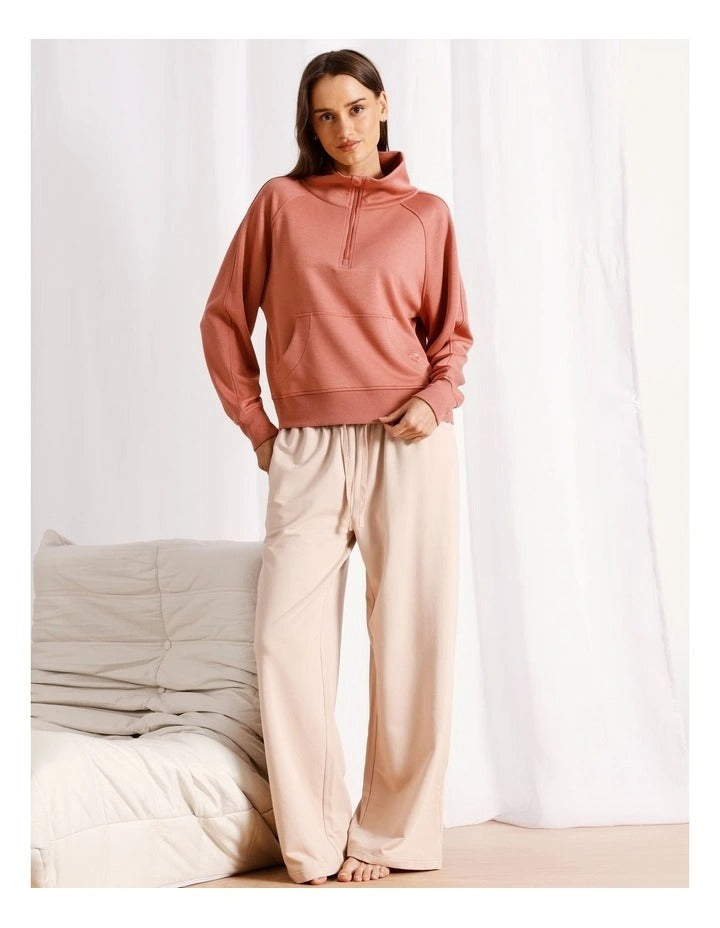 Chloe & Lola terracotta scuba loungewear quarter zip sweat for women, soft stretch fabric, regular fit, stylish zip neck