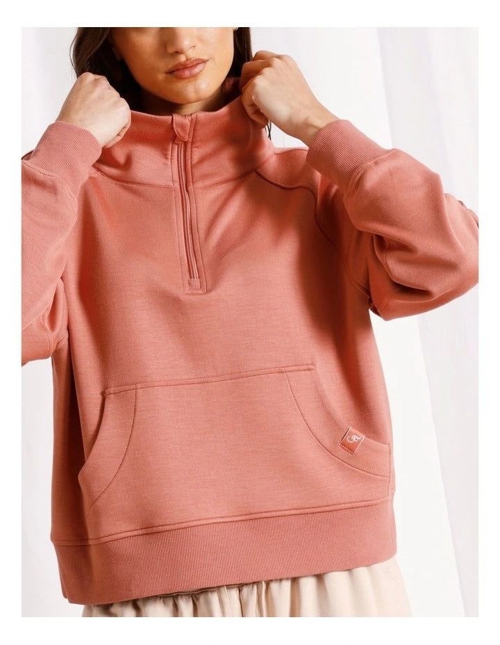 Chloe & Lola terracotta scuba loungewear quarter zip sweat for women, soft stretch fabric, regular fit, stylish zip neck