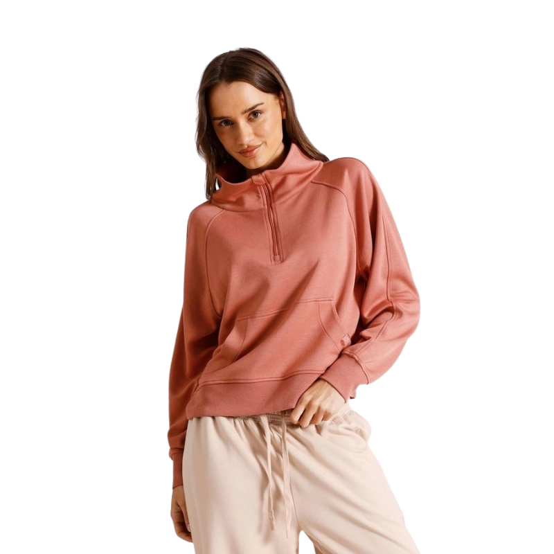 Chloe & Lola terracotta scuba loungewear quarter zip sweat for women, soft stretch fabric, regular fit, stylish zip neck