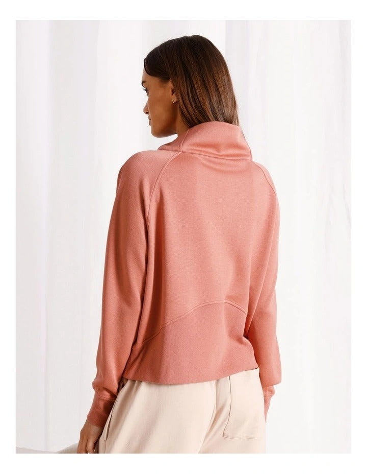 Chloe & Lola terracotta scuba loungewear quarter zip sweat for women, soft stretch fabric, regular fit, stylish zip neck