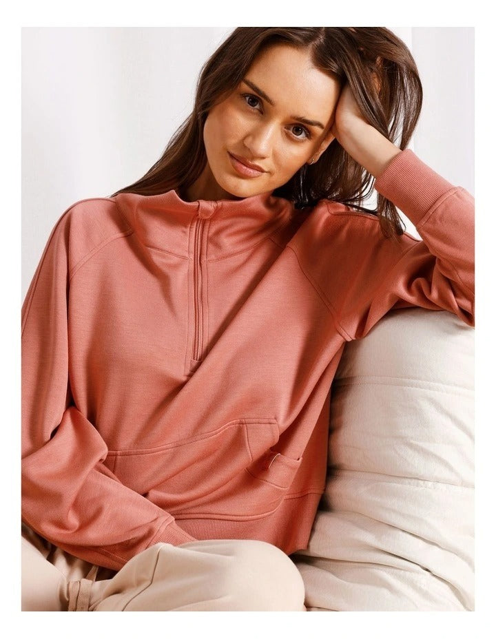 Chloe & Lola terracotta scuba loungewear quarter zip sweat for women, soft stretch fabric, regular fit, stylish zip neck