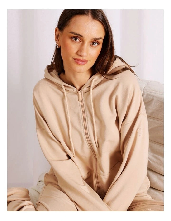 Chloe & Lola Loungewear Double Zip Hoodie in soft cotton-modal blend, featuring a hood, long sleeves, and zip fastening.