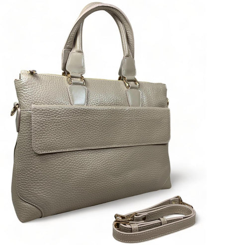Premium cream leather laptop bag for men and women — stylish unisex business briefcase with shoulder strap, perfect for work, office, or travel.