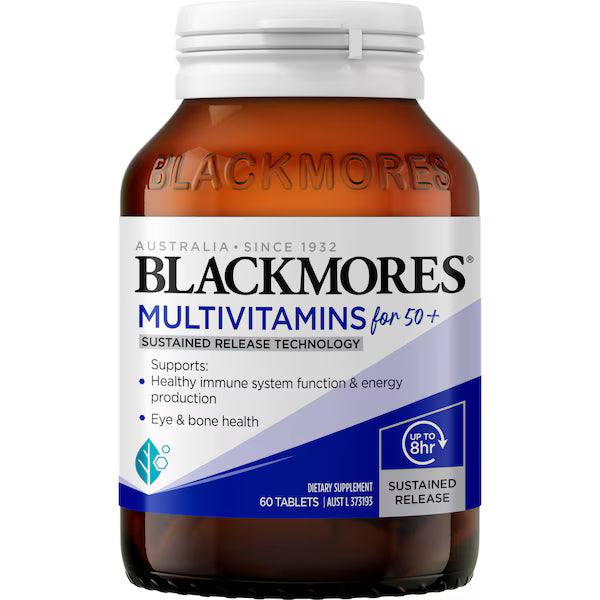 Blackmores Multivitamins for 50+ sustained release tablets 60 pack bottle – daily multivitamin supplement for adults over 50 supporting energy, immunity, and wellbeing.