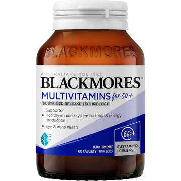 Blackmores Multivitamins for 50+ sustained release tablets 60 pack bottle – daily multivitamin supplement for adults over 50 supporting energy, immunity, and wellbeing.