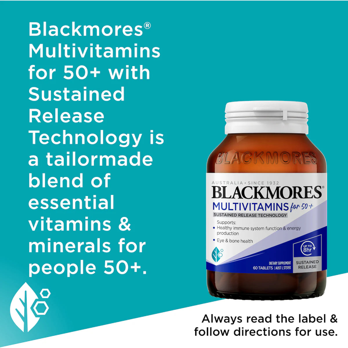 Blackmores Multivitamins for 50+ sustained release tablets 60 pack bottle – daily multivitamin supplement for adults over 50 supporting energy, immunity, and wellbeing.