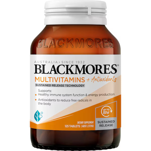 Blackmores Multivitamin + Antioxidants Sustained Release Tablets 125 pack — daily multivitamin supplement for energy, immunity, and overall wellbeing.