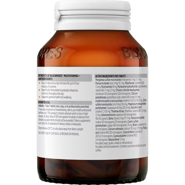 Blackmores Multivitamin + Antioxidants Sustained Release Tablets 125 pack — daily multivitamin supplement for energy, immunity, and overall wellbeing.