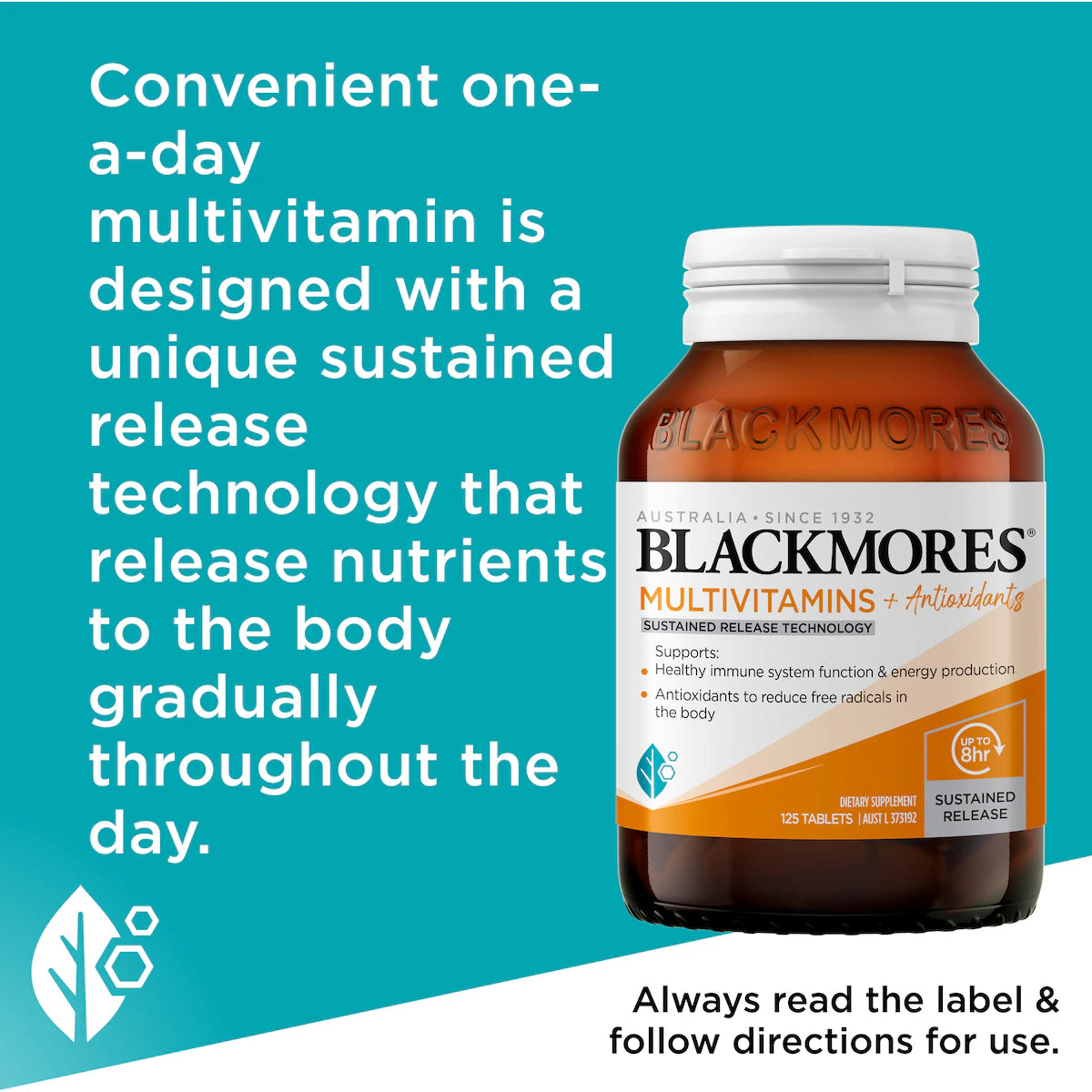 Blackmores Multivitamin + Antioxidants Sustained Release Tablets 125 pack — daily multivitamin supplement for energy, immunity, and overall wellbeing.
