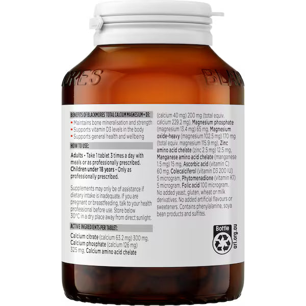 Blackmores Total Calcium Magnesium + D3 Bone Health Vitamin Tablets 125 pack — premium bone health supplement with calcium, magnesium, and vitamin D3 for strong bones and muscle support.