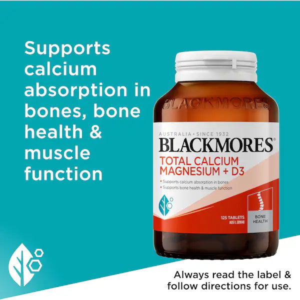 Blackmores Total Calcium Magnesium + D3 Bone Health Vitamin Tablets 125 pack — premium bone health supplement with calcium, magnesium, and vitamin D3 for strong bones and muscle support.