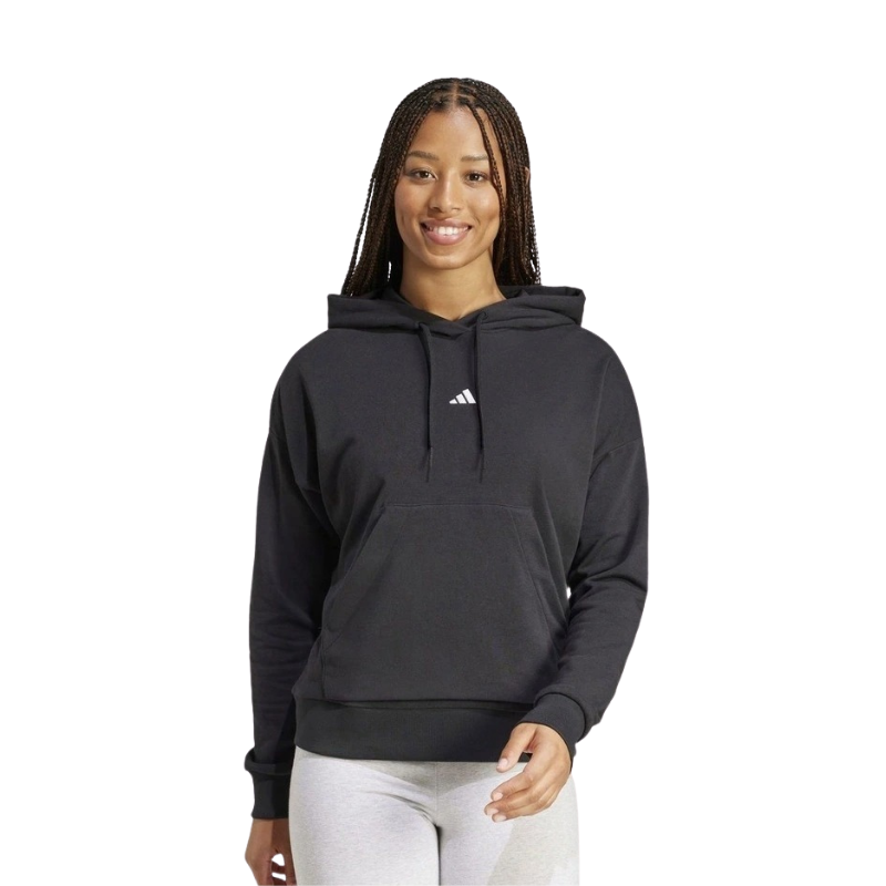 Adidas Essentials Small Logo French Terry Hoodie in Black with soft cotton blend and chest 3 Bar Logo