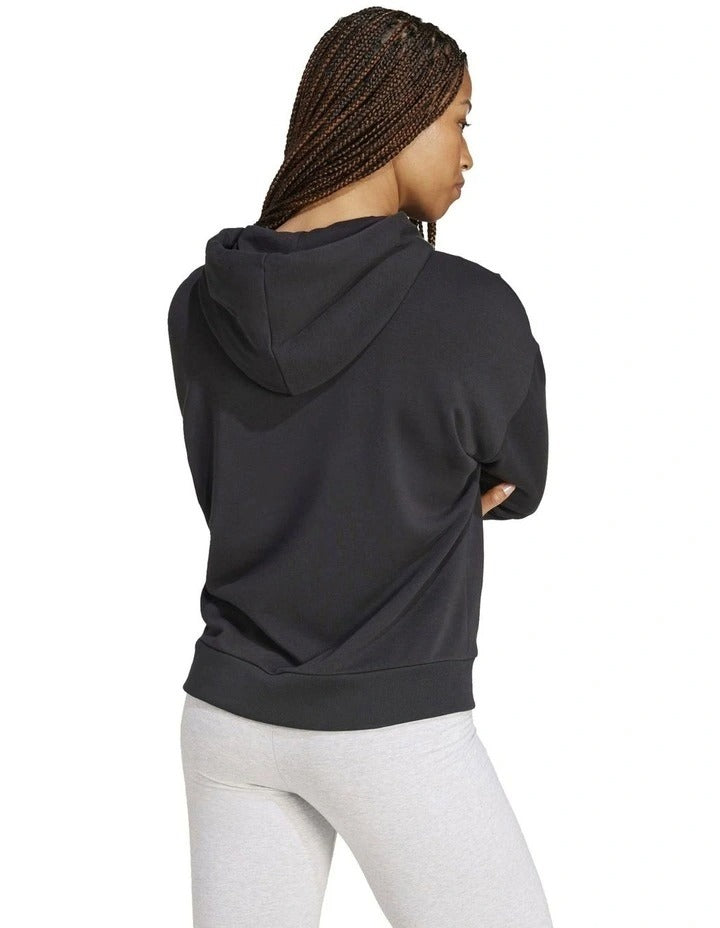 Adidas Essentials Small Logo French Terry Hoodie in Black with soft cotton blend and chest 3 Bar Logo