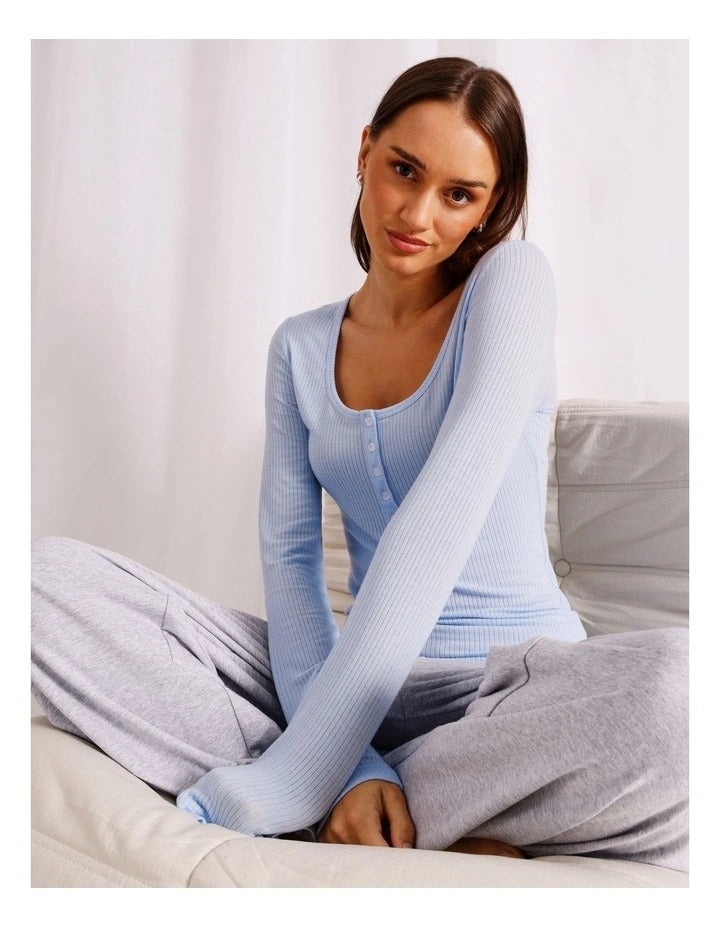 Chloe & Lola baby blue loungewear long sleeve Henley top for women, soft breathable fabric, relaxed fit, round neckline