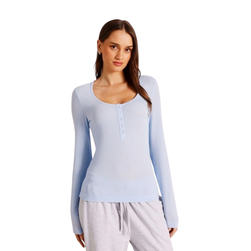 Chloe & Lola baby blue loungewear long sleeve Henley top for women, soft breathable fabric, relaxed fit, round neckline