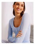 Chloe & Lola baby blue loungewear long sleeve Henley top for women, soft breathable fabric, relaxed fit, round neckline