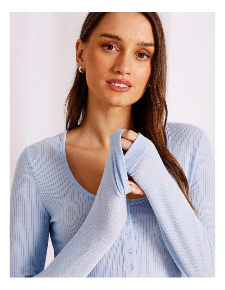 Chloe & Lola baby blue loungewear long sleeve Henley top for women, soft breathable fabric, relaxed fit, round neckline