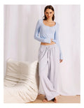 Chloe & Lola baby blue loungewear long sleeve Henley top for women, soft breathable fabric, relaxed fit, round neckline
