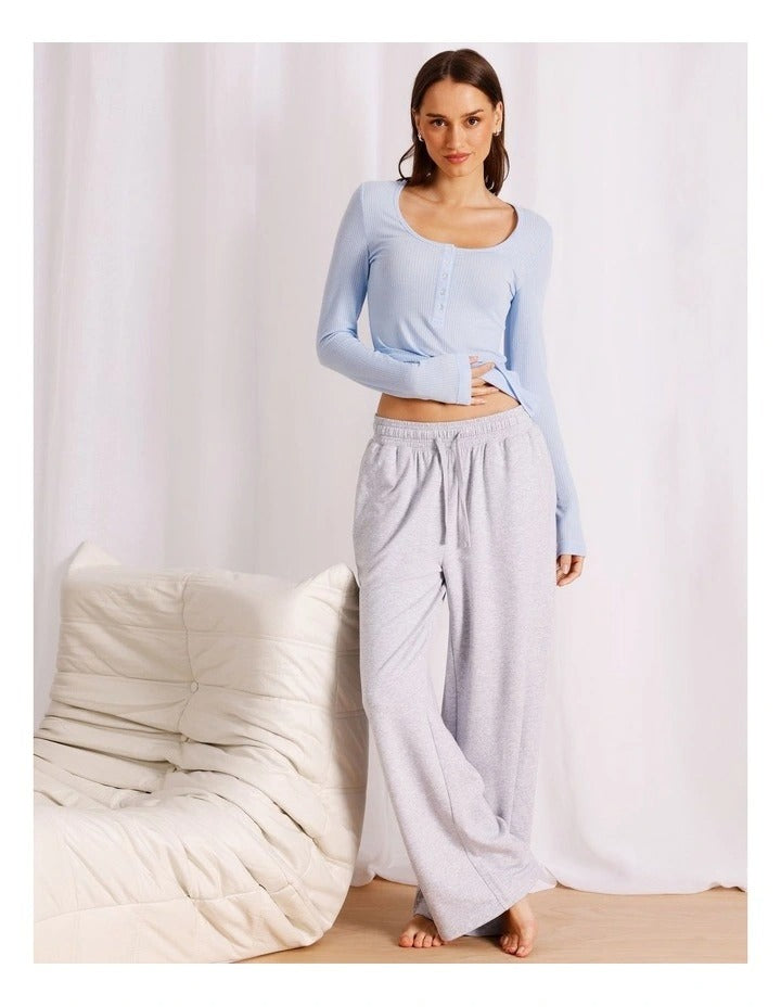 Chloe & Lola baby blue loungewear long sleeve Henley top for women, soft breathable fabric, relaxed fit, round neckline